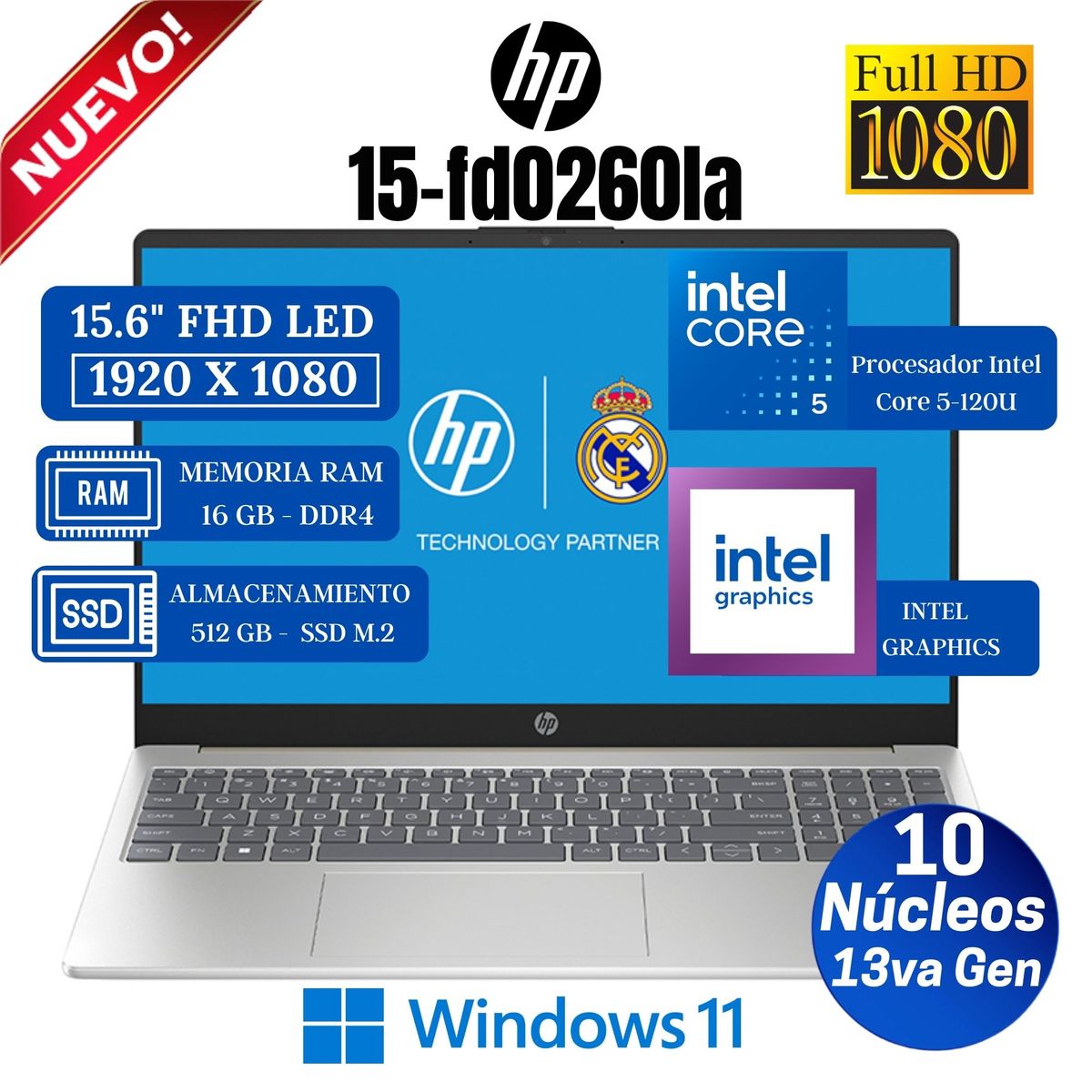 HP - Laptop HP 15-fd0260la 15.6" FHD, Core 5-120U, Ram 16GB, Ssd 512GB, Win 11 Pro