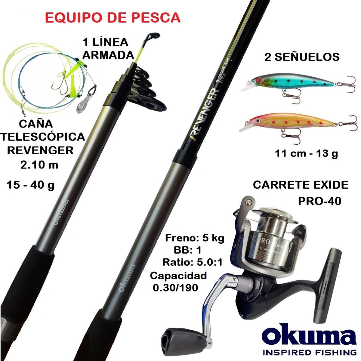 OKUMA - Equipo de Pesca Caña Telescópica 2.1 M Con Carrete Okuma 40