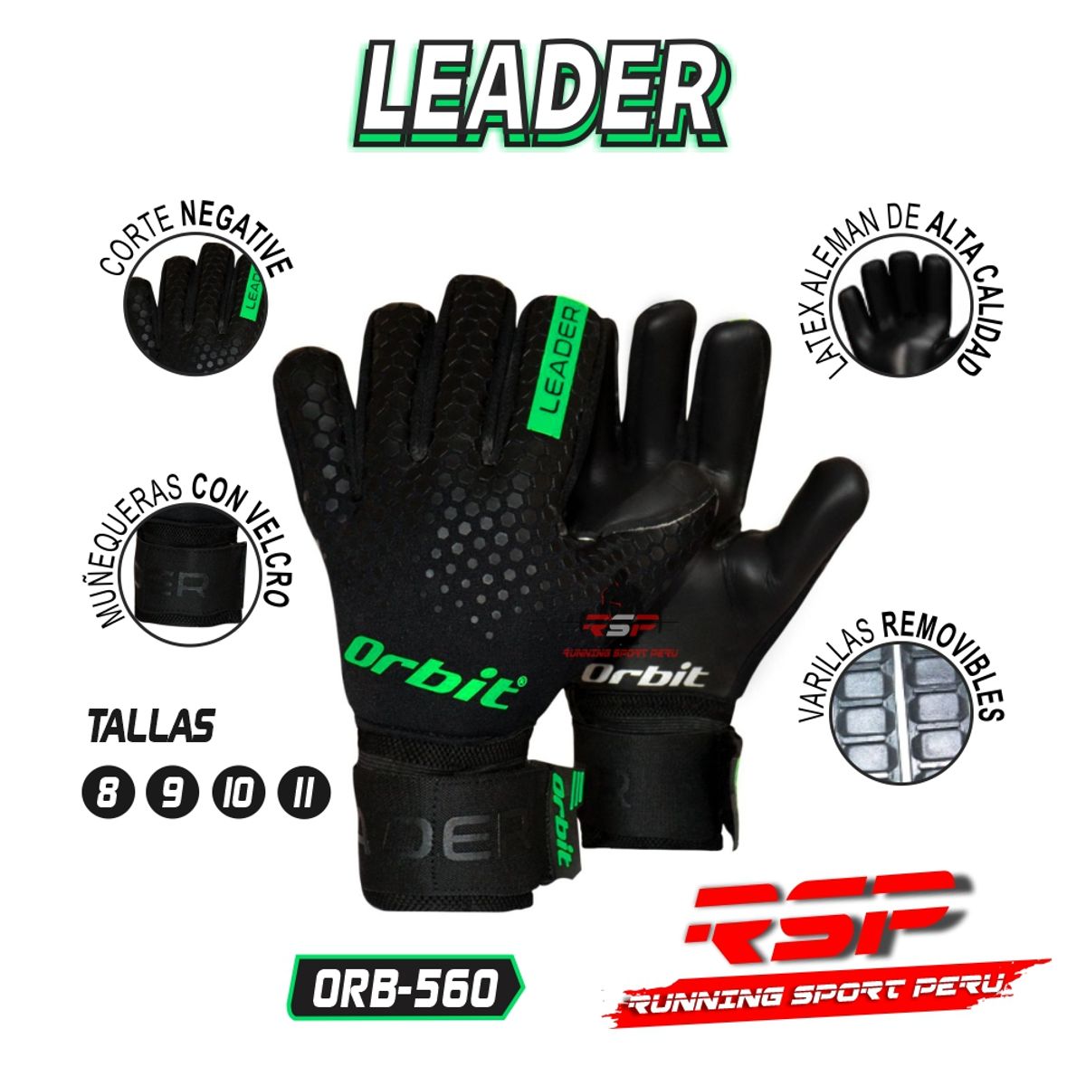 ORBIT - Guantes de Arquero Fútbol Leader Talla 9 Verde