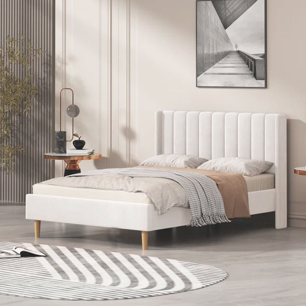 GENERICO - Cama Tapizada Listón Ivory con Patas Vintage 2 Plazas