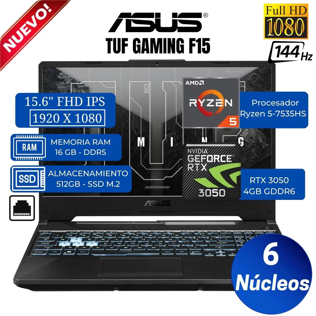 ASUS - Laptop ASUS TUF GAMING A15 15.6"  FHD IPS, Ryzen 5-7535HS, Ram 16GB, Ssd 512GB, RTX 3050, Win 11 Pro