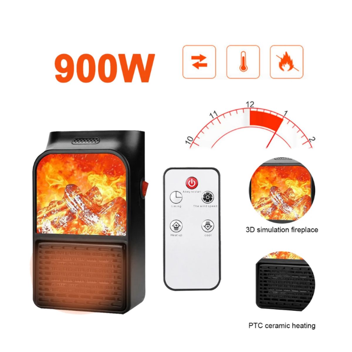 OEM - Calefactor 3D Eléctrico Flame Heater de 900 Watts