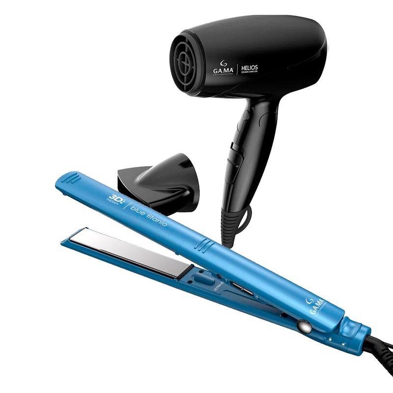 GAMA - Combo Gama Alisadora 3D Blue Titanio BECHS0000002426 y Secador Helios