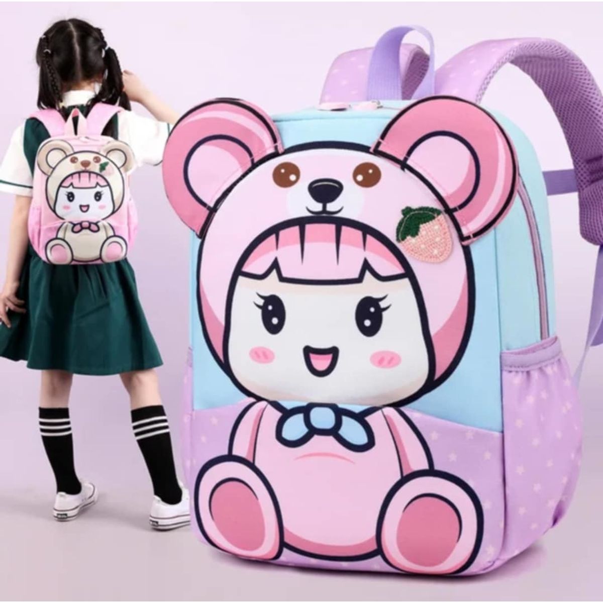 GENERICO - Mochila Kawai Japones Juvenil de Oso Orejitas Niños y Niñas Colegio