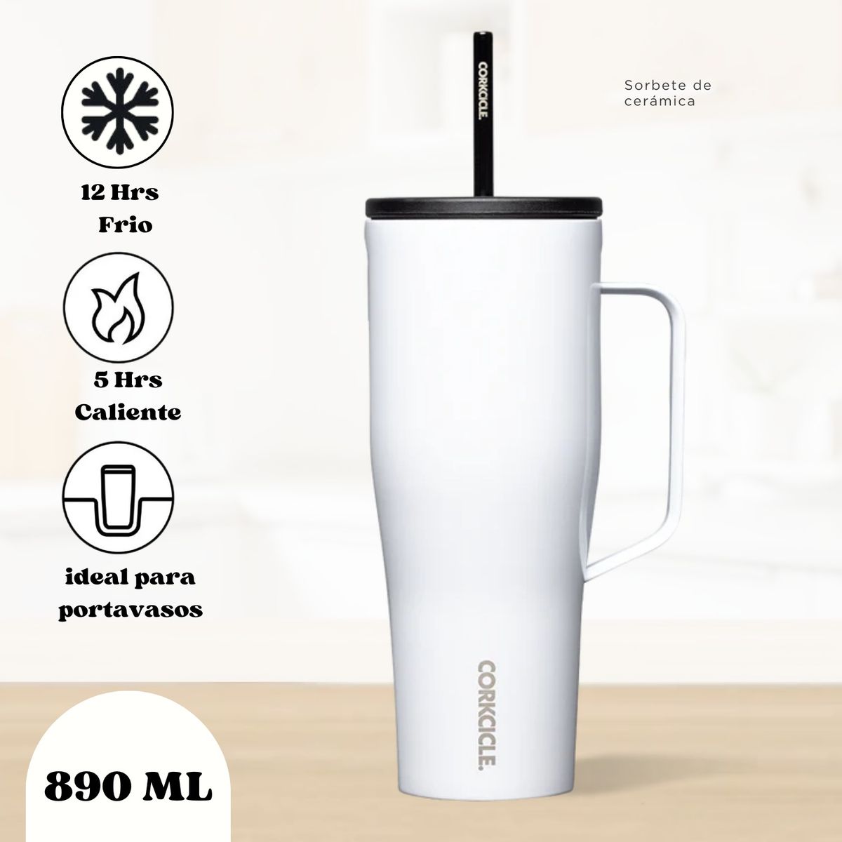 CORKCICLE - Vaso Térmico Con Asa de 30 Onzas Blanco - Corkcicle