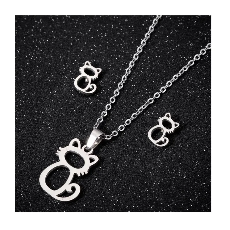 GENERICO - Set collar y aretes gato plateado