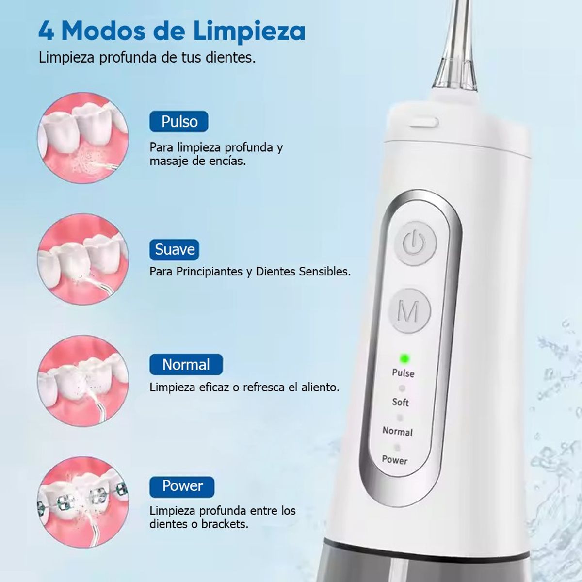TECH CARE - Irrigador Bucal portátil Tech Care + 4 modos + 4 Boquillas