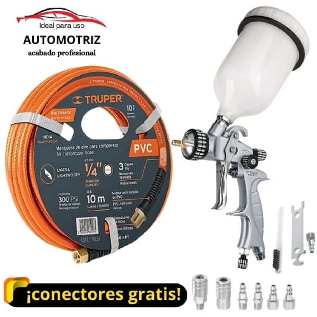 TRUPER - kit Pistola de aire para pintar  AUTOMOTRIZ, profesional, manguera 10m