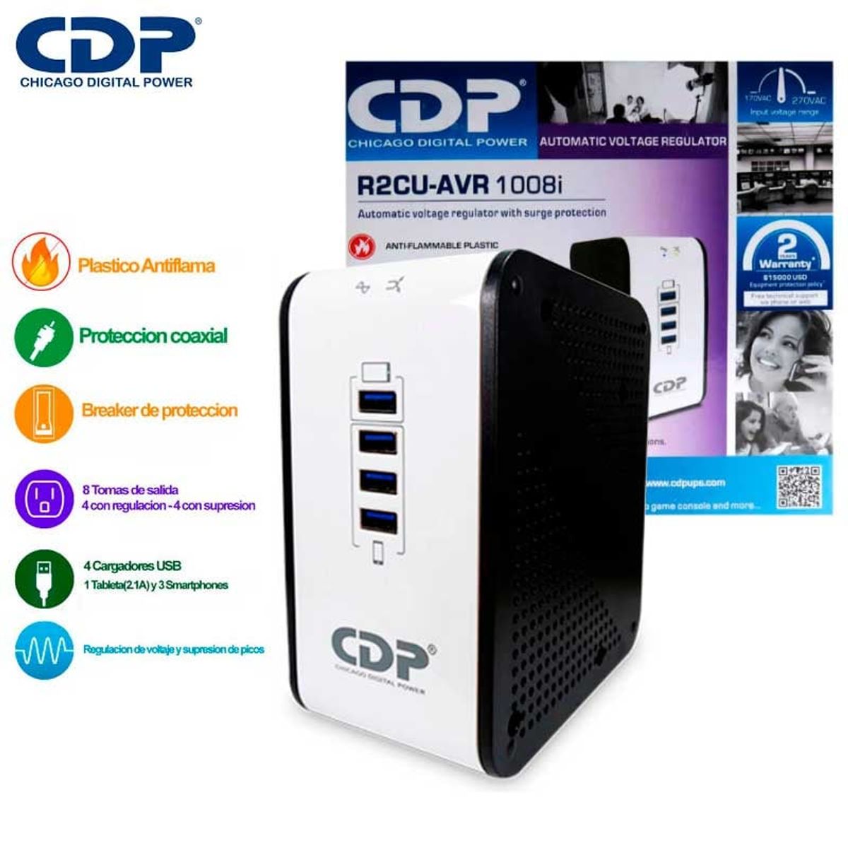 CDP - Estabilizador CDP R2CU-AVR1008I 1000VA/720W 8 Salidas 4 Port USB