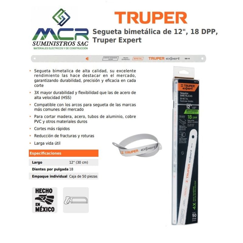 TRUPER - Hoja sierra bimetal 12" x 18 dpp truper 18100 x3 und