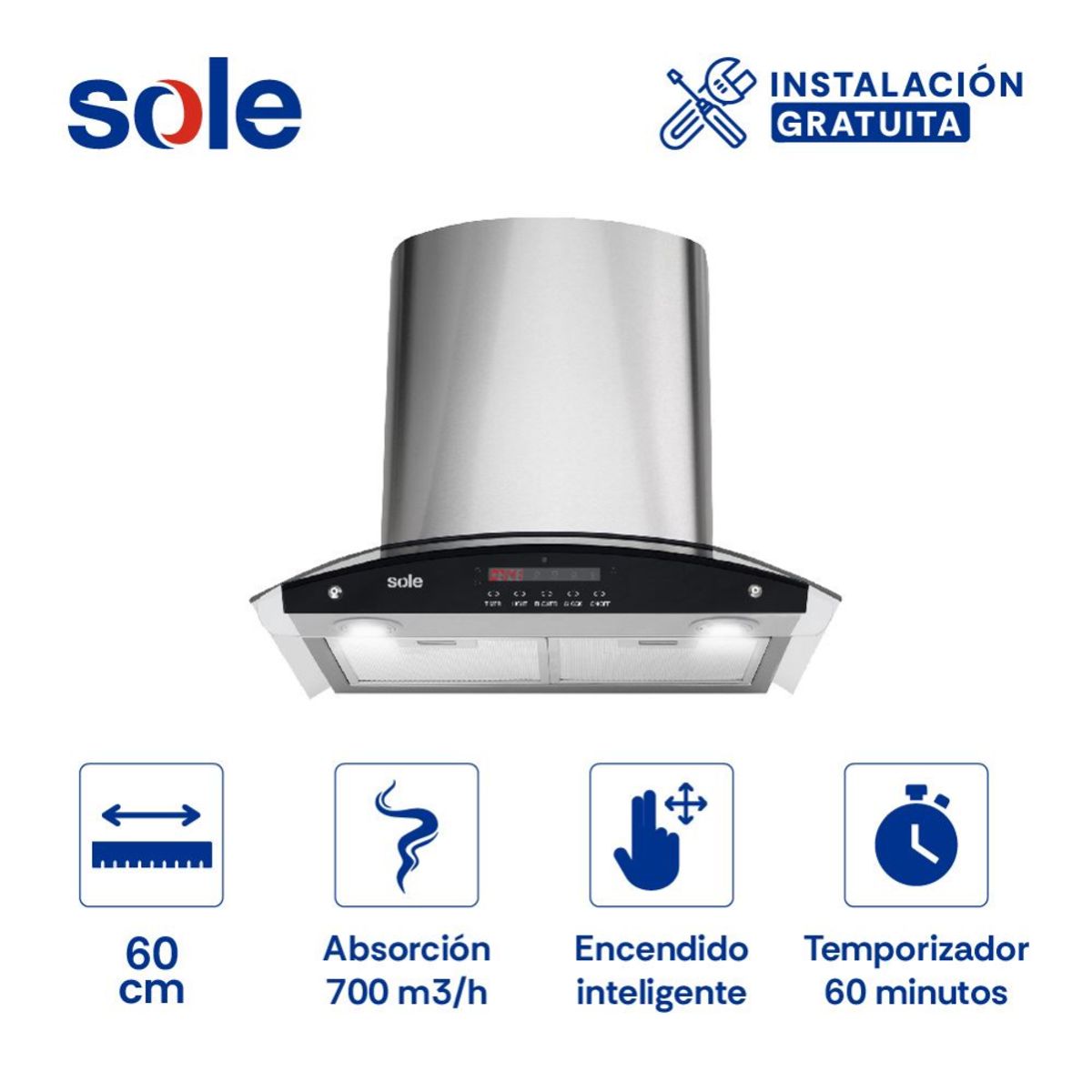 SOLE - Campana Extractora Decorativa TURE82CO de Sole Panel Digital 230W