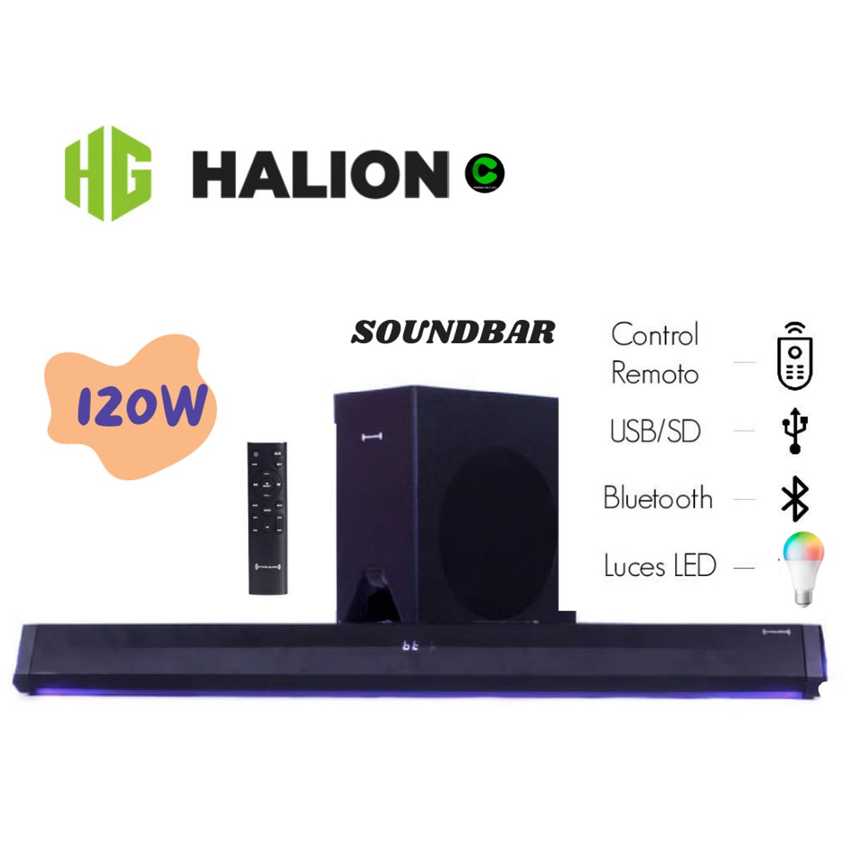 HALION - Soundbar Halion HA-S40C con Subwoofer 120W Con Control Remoto
