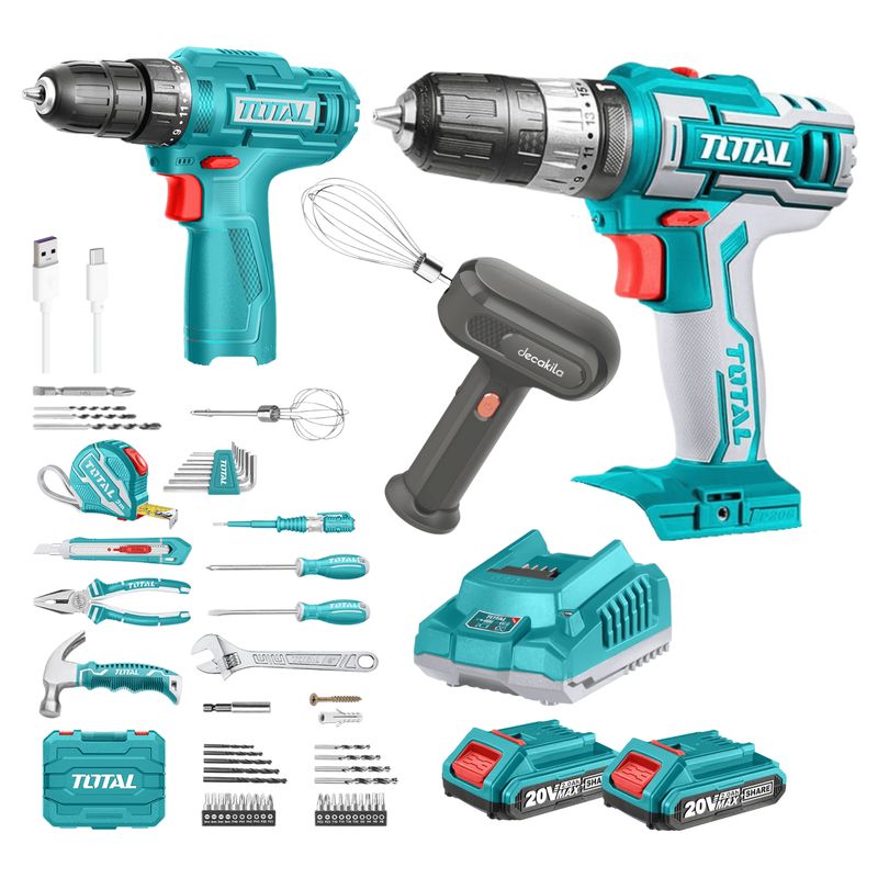 TOTAL TOOLS - Taladro peructor 20v + taladro 12v + 89 herramientas Total