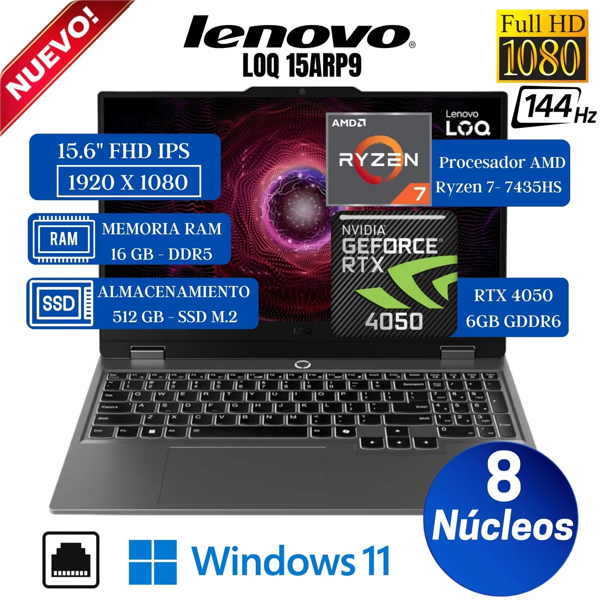 LENOVO - Laptop Lenovo LOQ 15ARP9 15.6" FHD IPS, RYZEN 7-7435HS, Ram 16GB, Ssd 512GB, Rtx 4050 6GB, Win 11