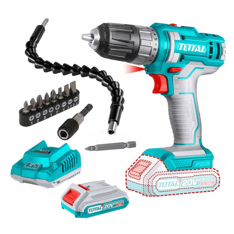 TOTAL TOOLS - Taladro atornillador inalambrico 20v + bateria y accesorios
