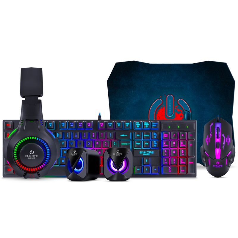 ENKORE - Kit Gamer 5 en 1 Bravio Enkore con Luces LED – Teclado + Mouse + Audífono + Parlantes + Mousepad