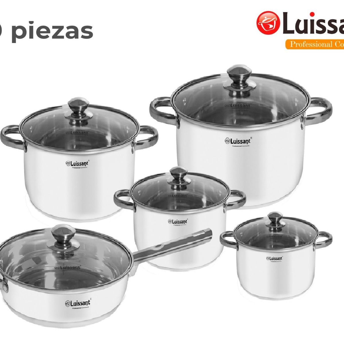 LUISSANT - Set de Ollas de Acero c/tapa de Vidrio 10 piezas Luissant