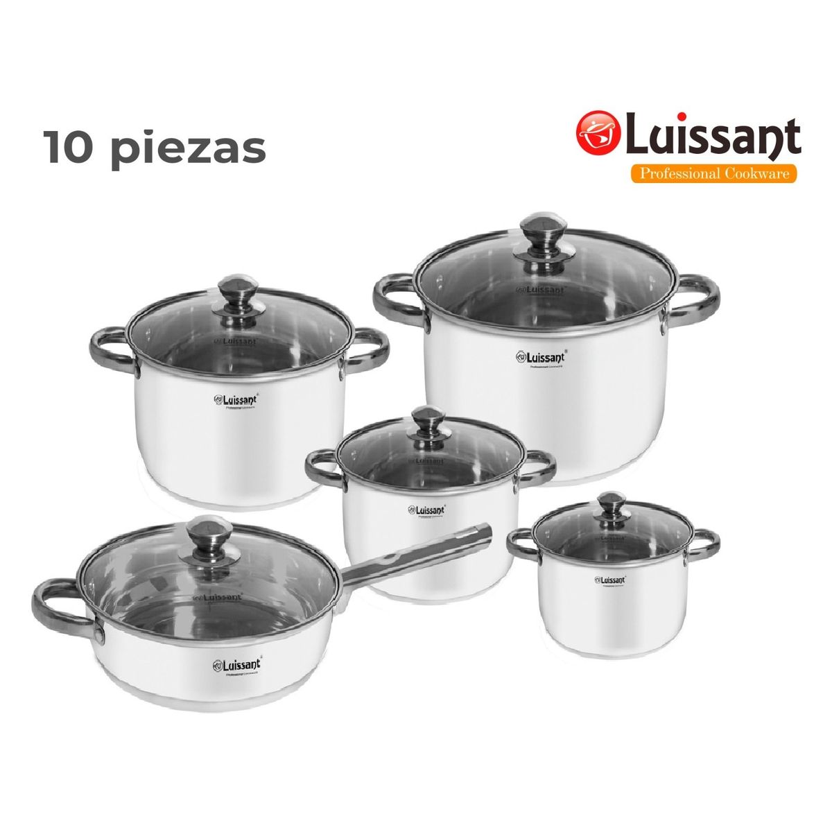 LUISSANT - Set de Ollas de Acero c/tapa de Vidrio 10 piezas Luissant