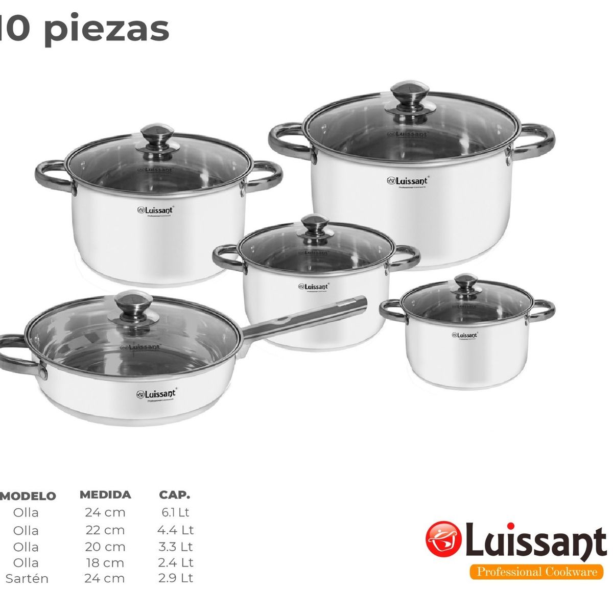 LUISSANT - Set de Ollas de Acero c/tapa de Vidrio 10 piezas Luissant