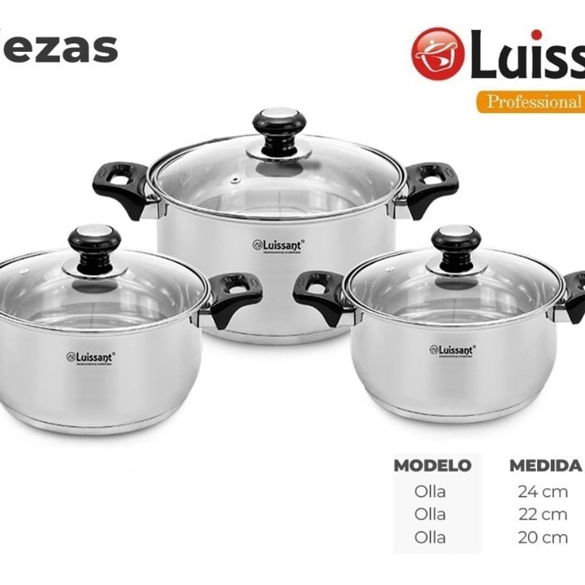 LUISSANT - Set de Ollas de Acero c/ tapa de Vidrio 6 piezas Luissant