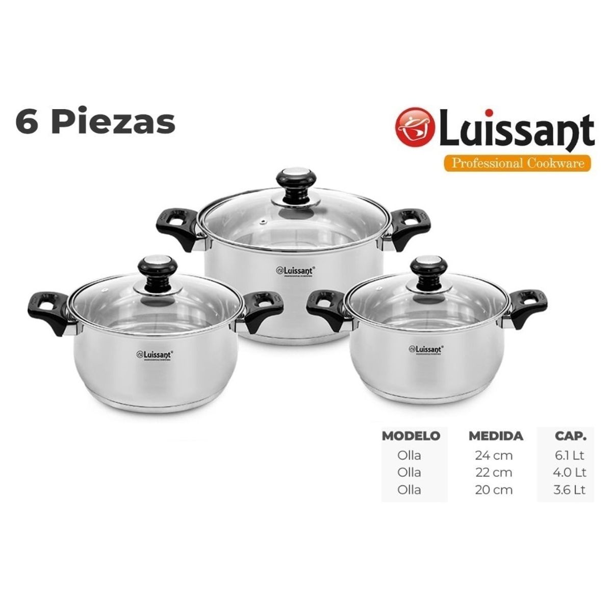 LUISSANT - Set de Ollas de Acero c/ tapa de Vidrio 6 piezas Luissant