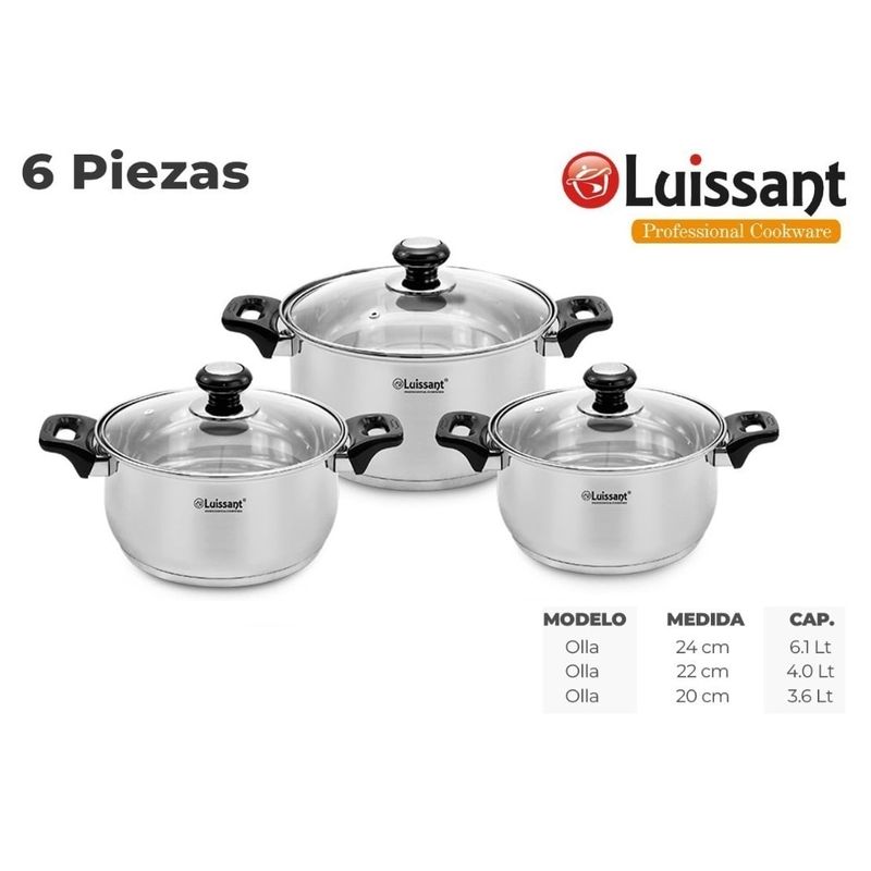 LUISSANT - Set de Ollas de Acero c/ tapa de Vidrio 6 piezas Luissant
