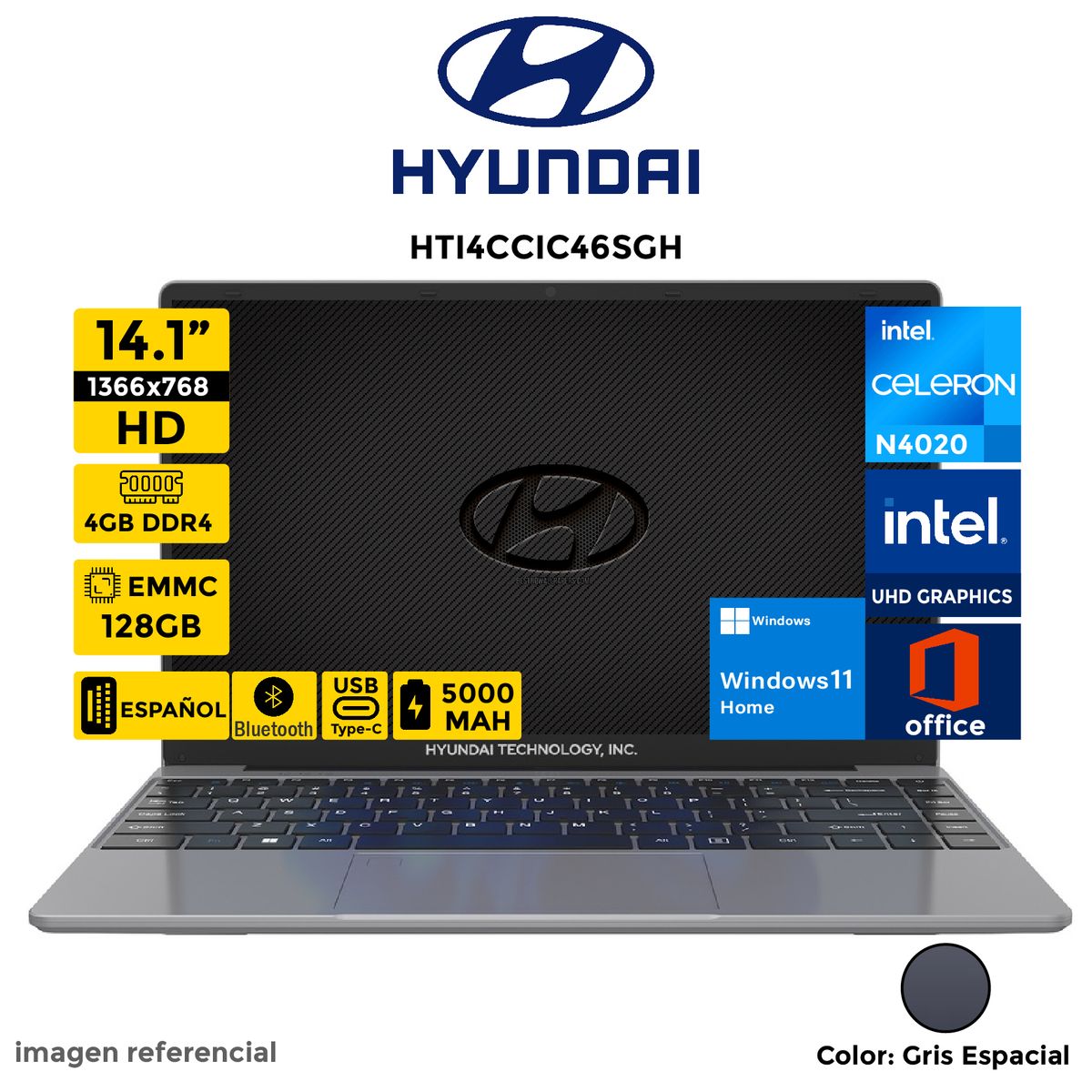 HYUNDAI - Laptop Hyundai Intel Celeron N4020 Pantalla 14.1" HD RAM 4GB EMMC 128GB Windows 11 Home