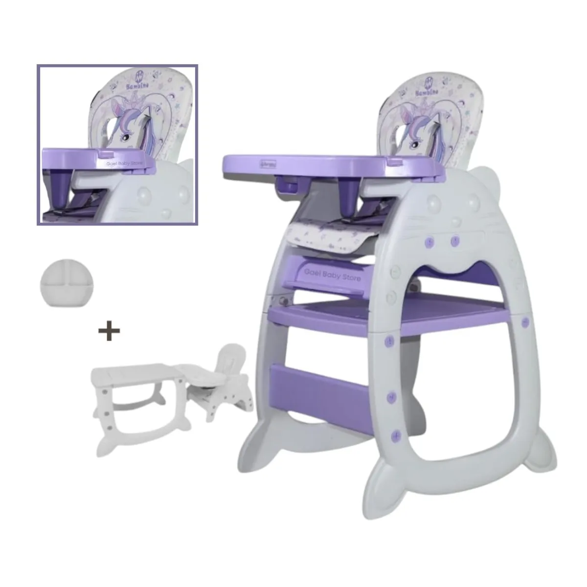 GENERICO - SILLA DE COMER 3 EN 1 PARA BEBÉS DISEÑO UNICORNIO LILA