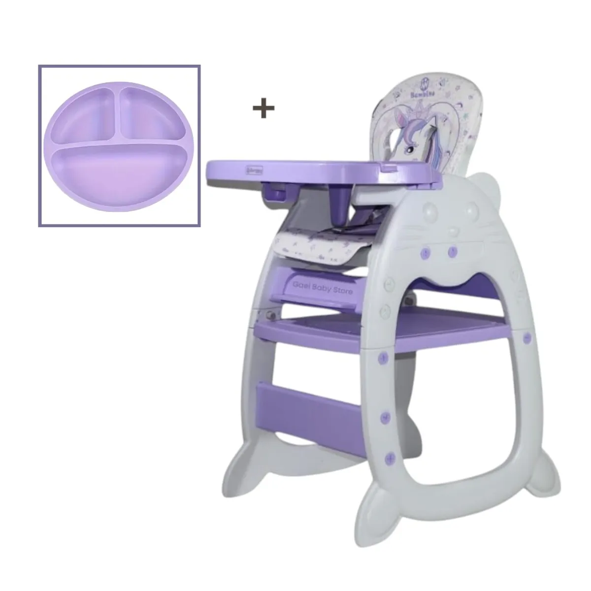 GENERICO - SILLA DE COMER 3 EN 1 PARA BEBÉS DISEÑO UNICORNIO LILA