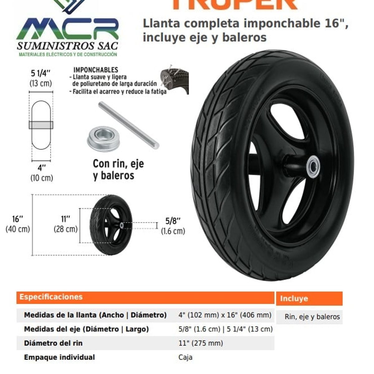 Llanta completa imponchable 16 incluye eje y baleros para carretillas, marca TRUPER - Foto Principal