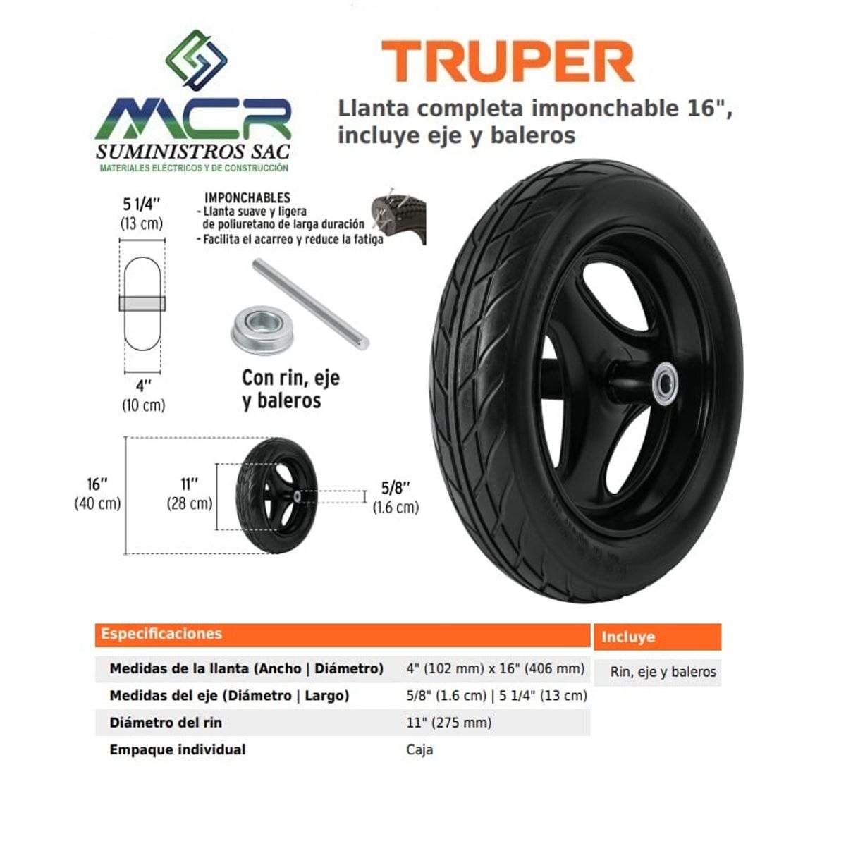 Llanta completa imponchable 16 incluye eje y baleros para carretillas, marca TRUPER - Foto Principal
