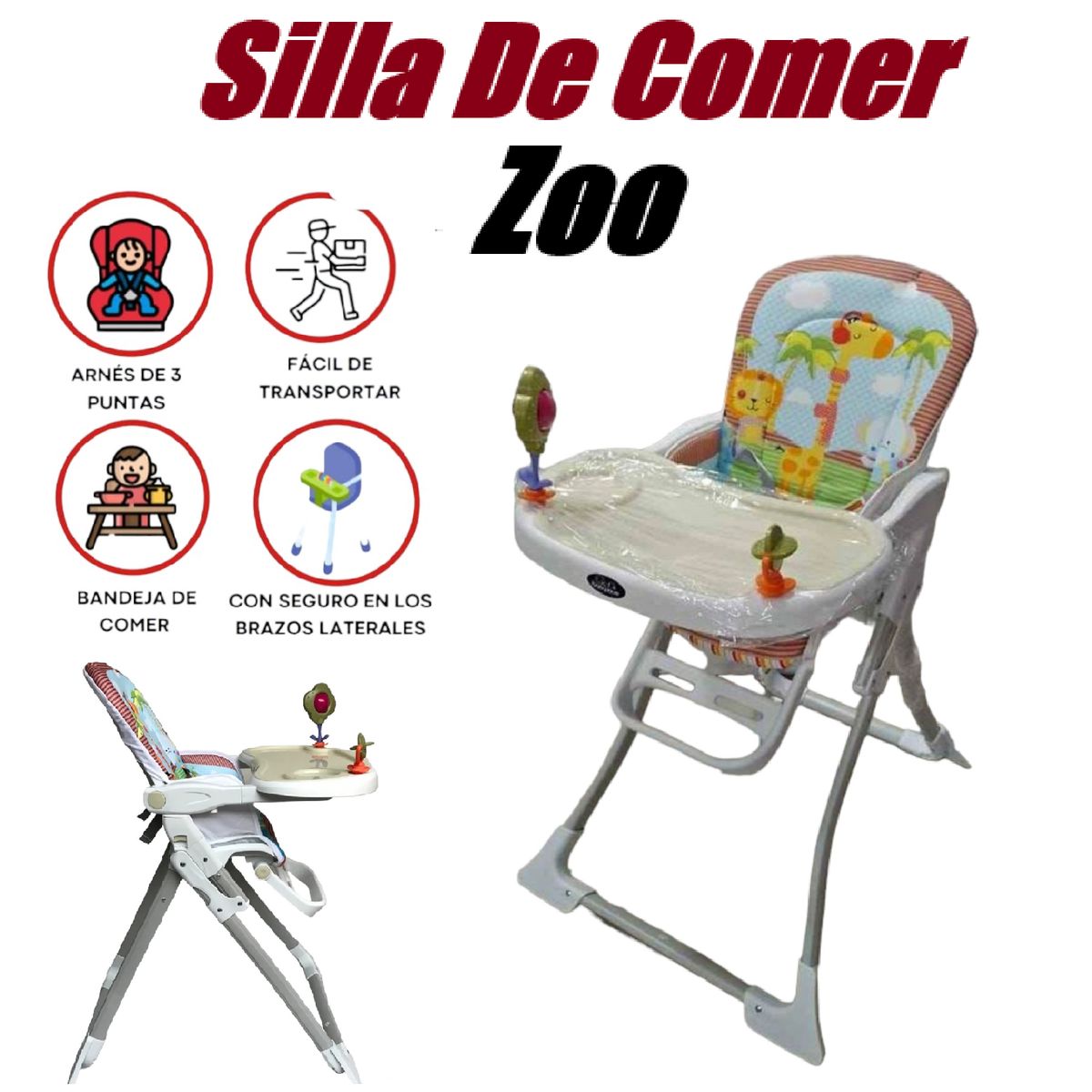 GENERICO - Silla de Comer Plegable Zoo Bandeja Desmontable-Rojo