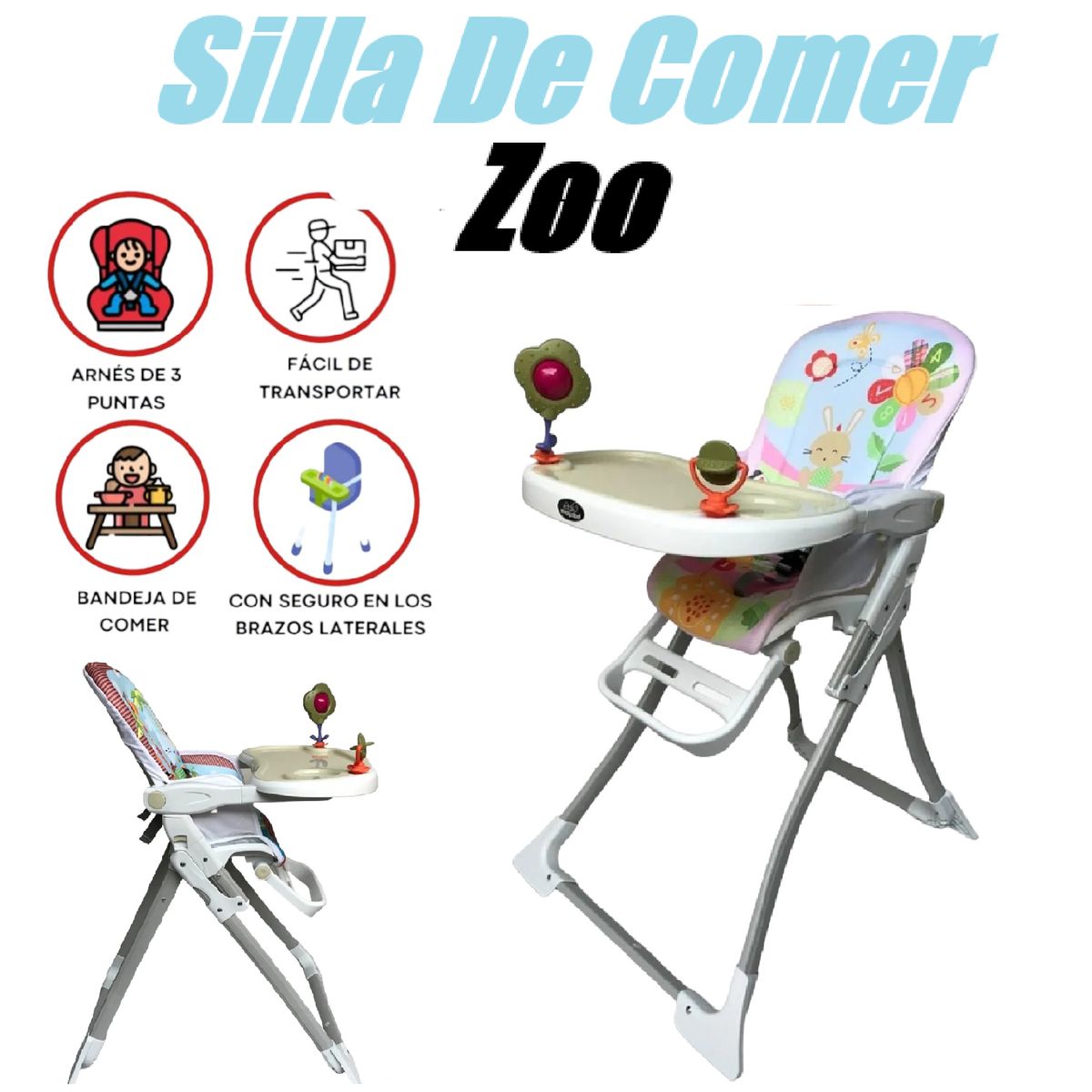 GENERICO - Silla de Comer Plegable Zoo Bandeja Desmontable-Celeste