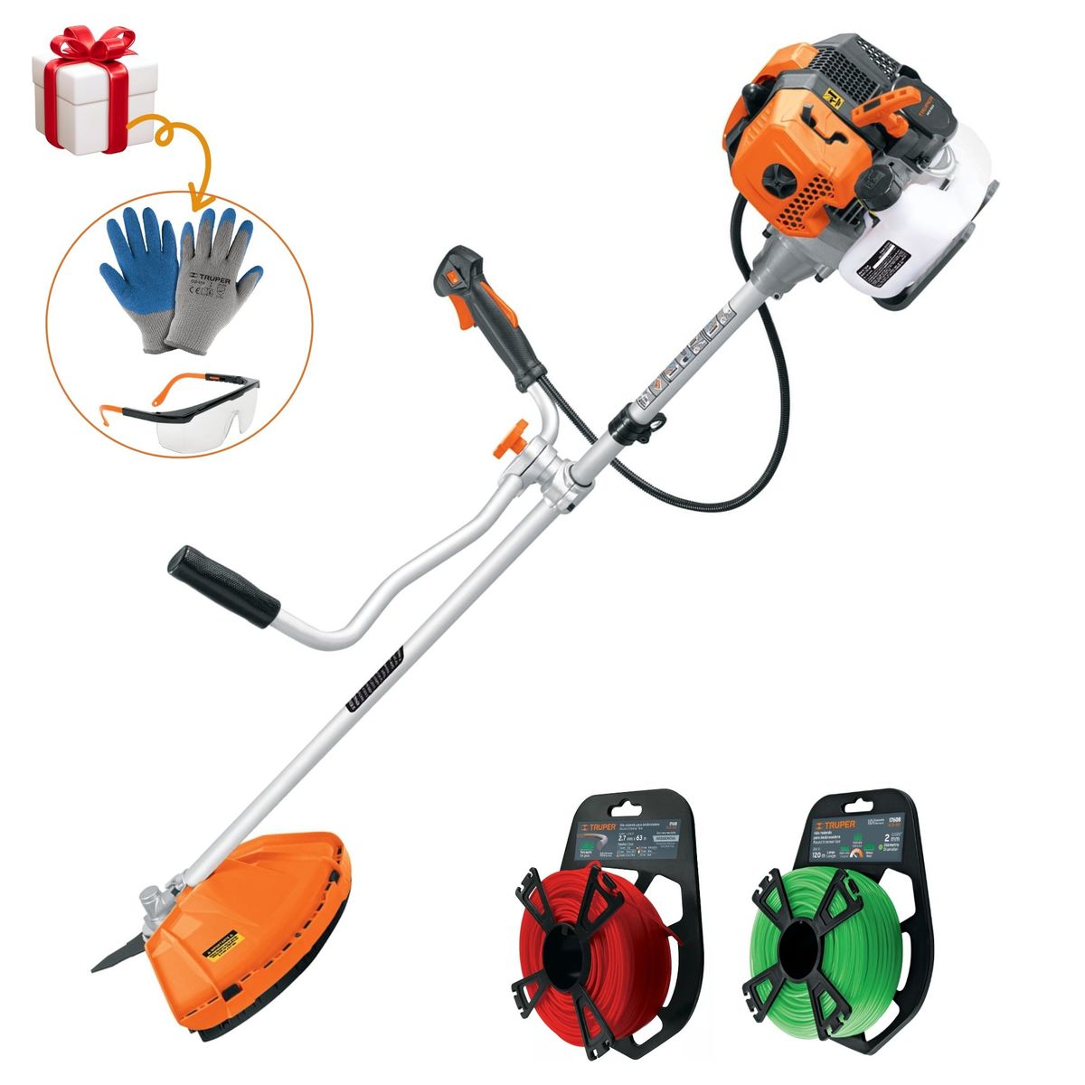 TRUPER - Desbrozadora podadora motoguadaña 2HP Combo arnes doble hilo 2 rollos