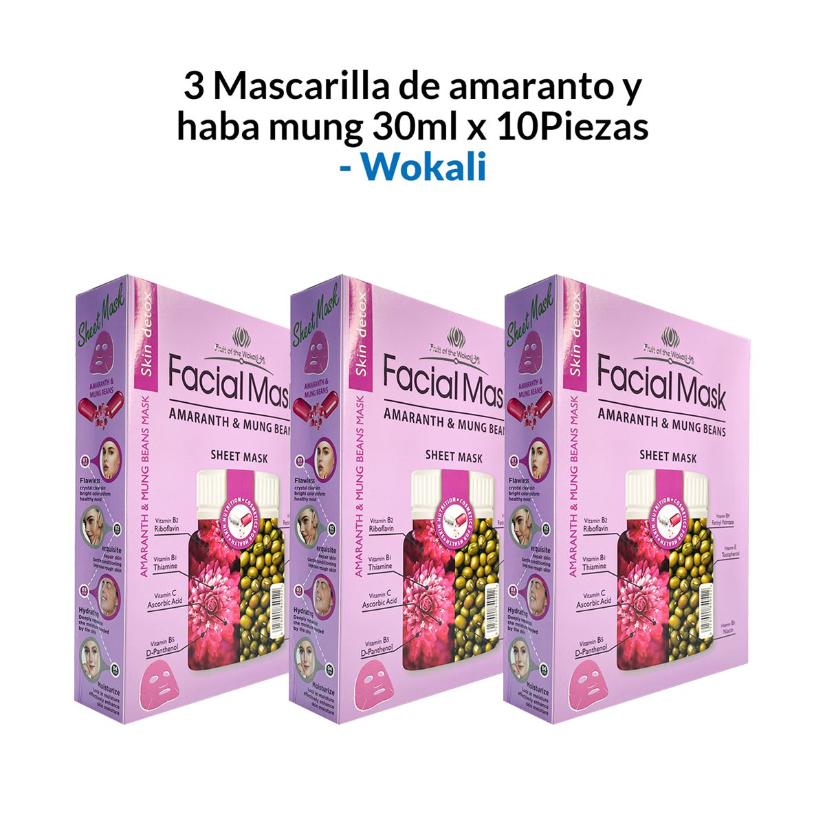 WOKALI - 3 Mascarilla De Amaranto Y Haba Mung 30Ml X 10 Piezas  Wokali_.