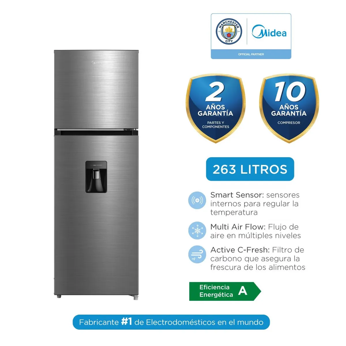 MIDEA - Refrigeradora Midea No Frost 263Lts Inox MDRT385MTR46PEW