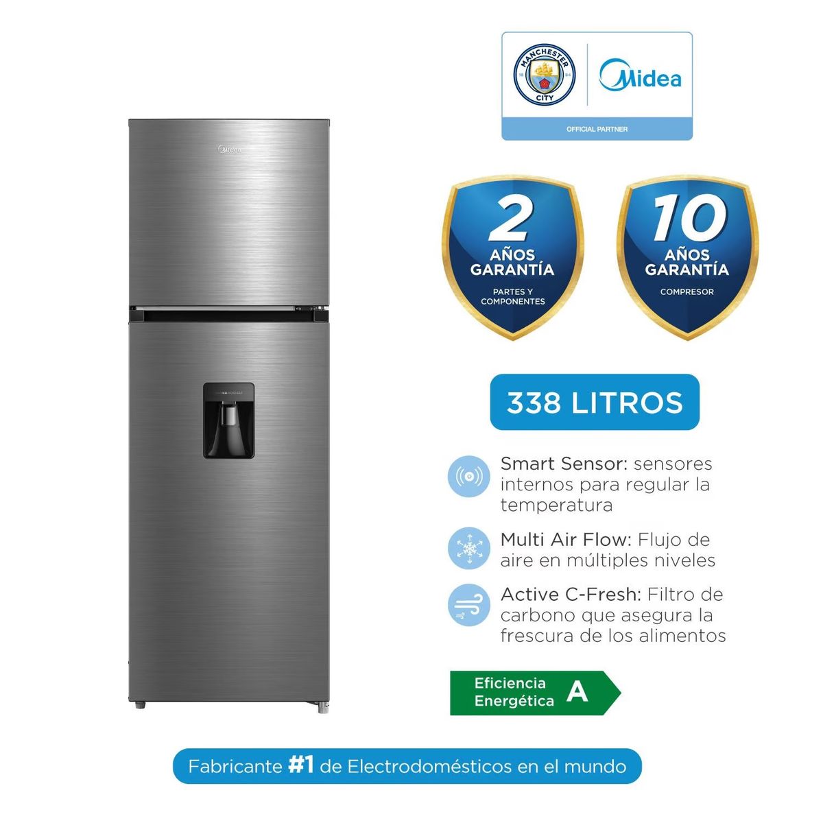 MIDEA - Refrigeradora Midea No Frost 338Lts Inox MDRT489MTR46PEW