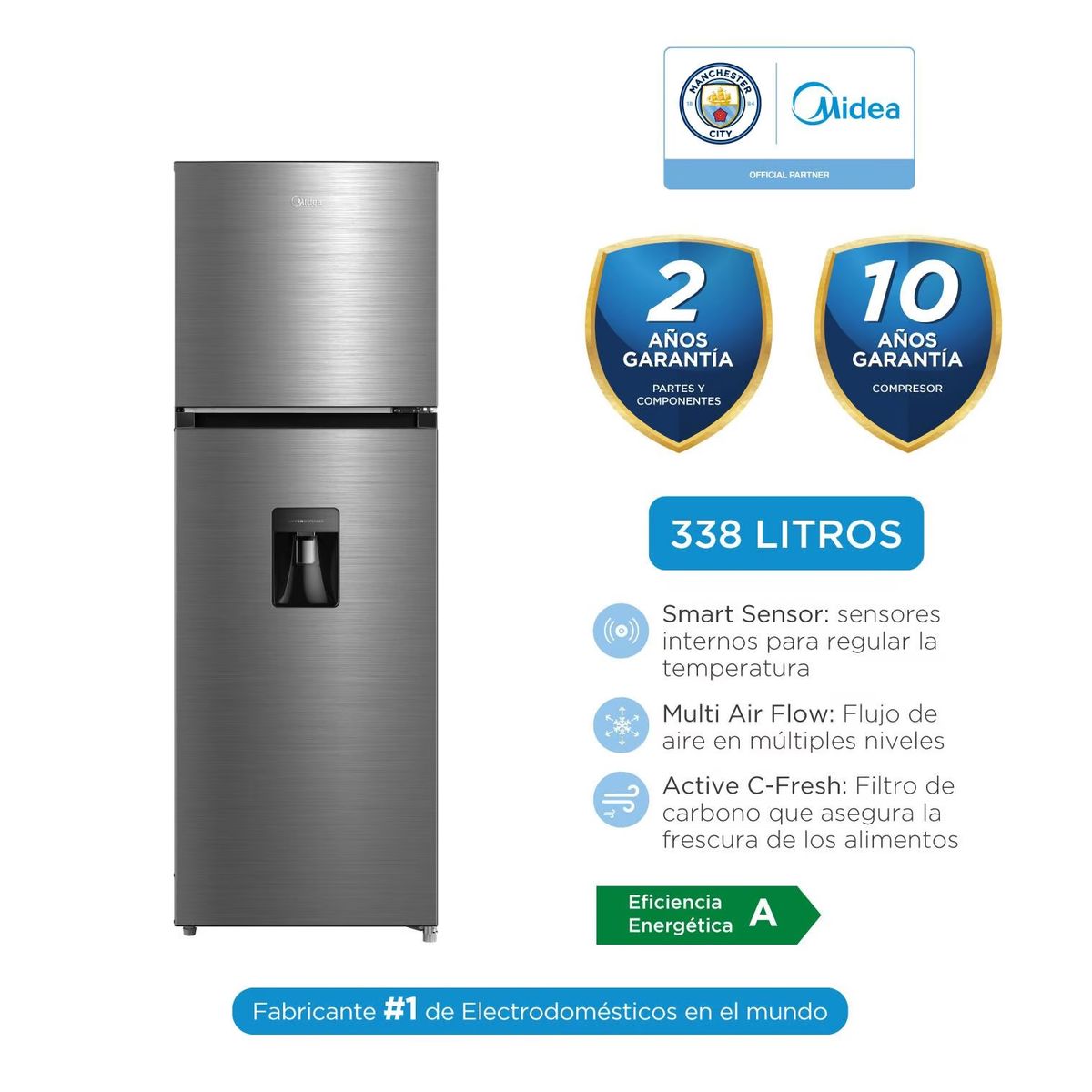 MIDEA - Refrigeradora Midea No Frost 338Lts Inox MDRT489MTR46PEW