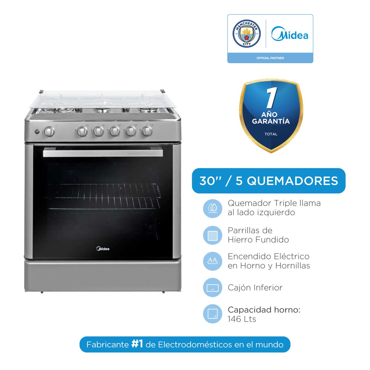 MIDEA - Cocina a gas 30"  Midea 5 hornillas Venus Black MGS30FS2LBAMB