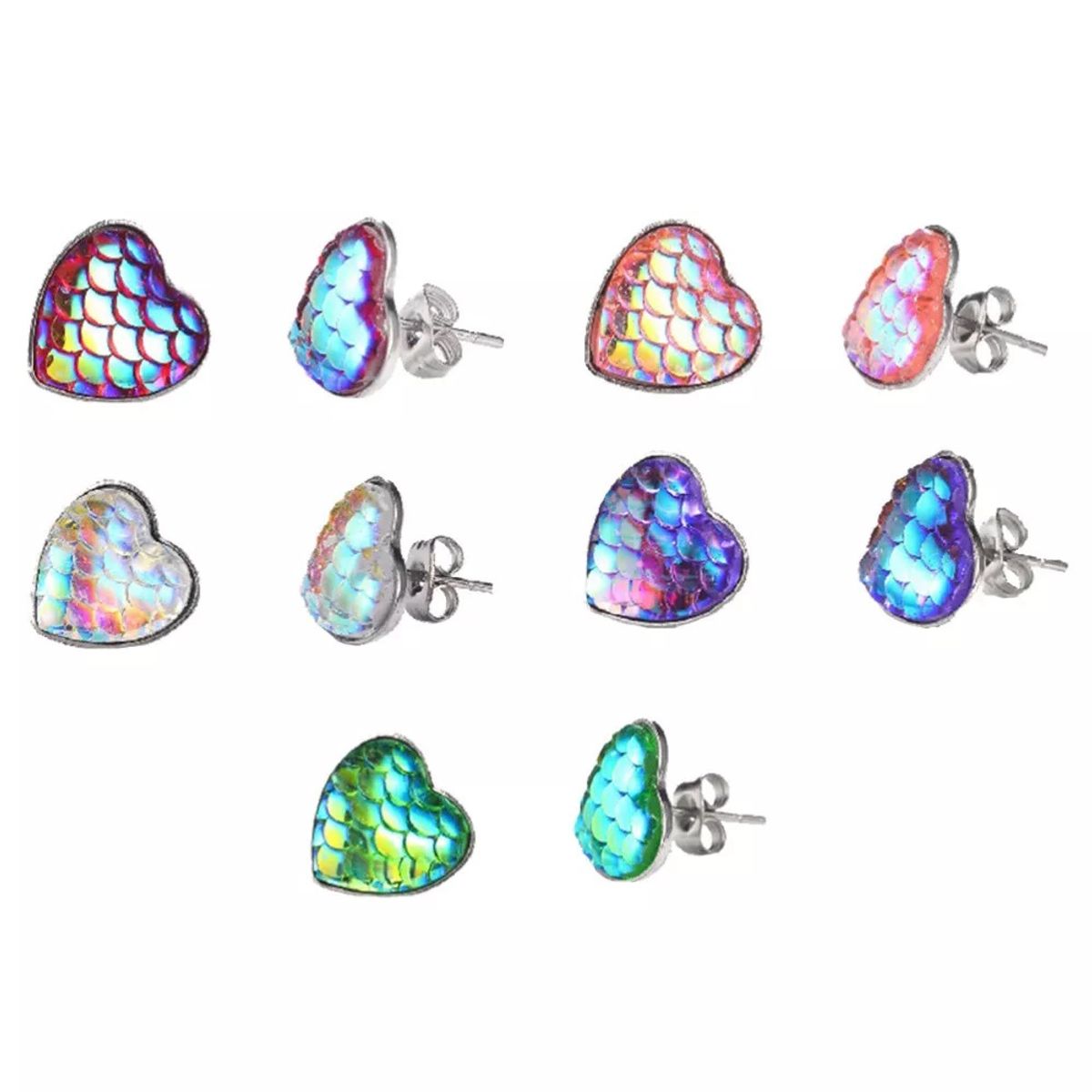 GENERICO - Set x 5 pares de aretes corazón escamas de sirena_.