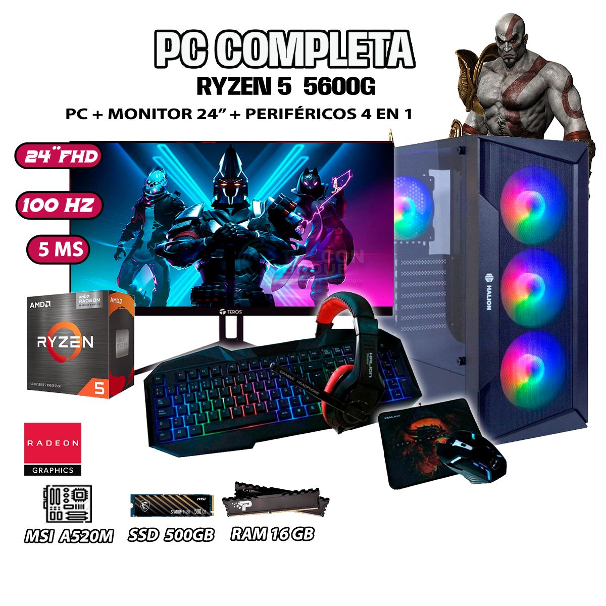 AMD - Computadora Completa Ryzen 5 5600G RAM 16GB DISCO 500GB SSD MONITOR 24" FHD