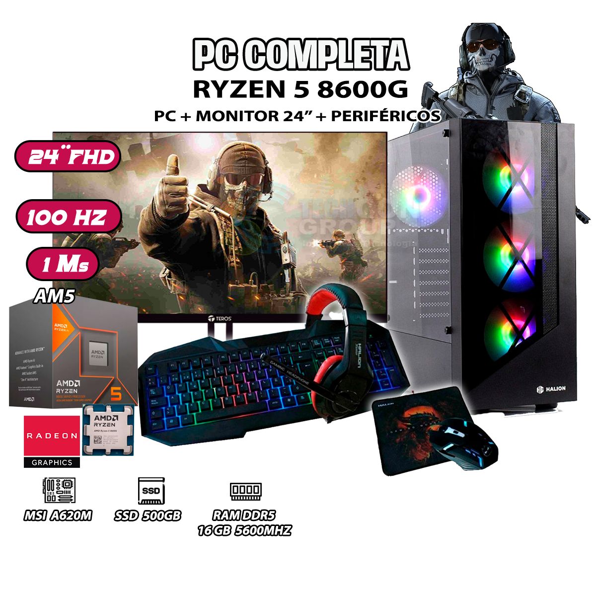 AMD - Computadora Completa Robot Ryzen 5 8600G RAM DDR5 16GB SSD 500GB SSD MONITOR 24"