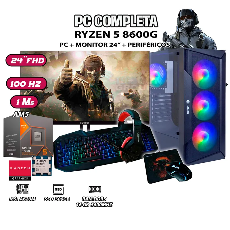 AMD - Computadora PC Completa Ryzen 5 8600G RAM DDR5 16GB SSD 500GB SSD MONITOR 24"