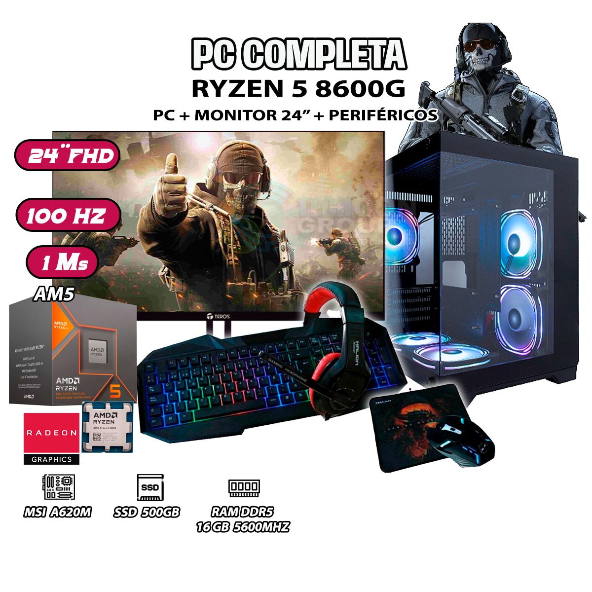 AMD - Computadora PC Completa Ryzen 5 8600G RAM DDR5 16GB SSD 500GB SSD MONITOR 24"
