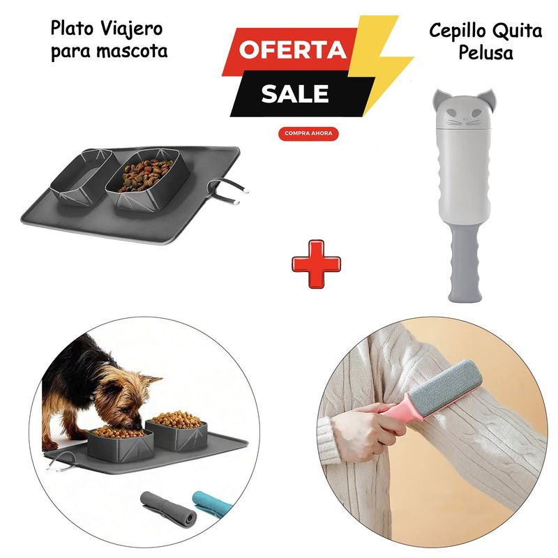 GENERICO - Pack Plato Viajero y Cepillo Quita Pelusa de mascota