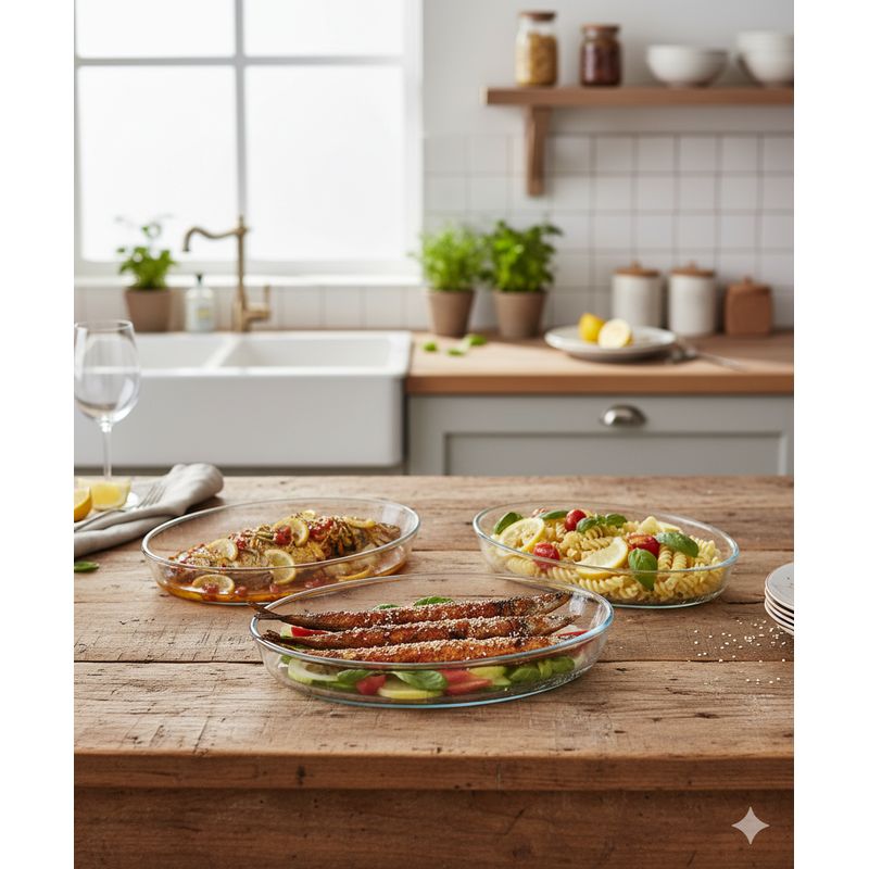 GENERICO - Set x 3 Bandeja Ovaladas de Vidrio 1.6L /3L /4L Resistente al Calor.