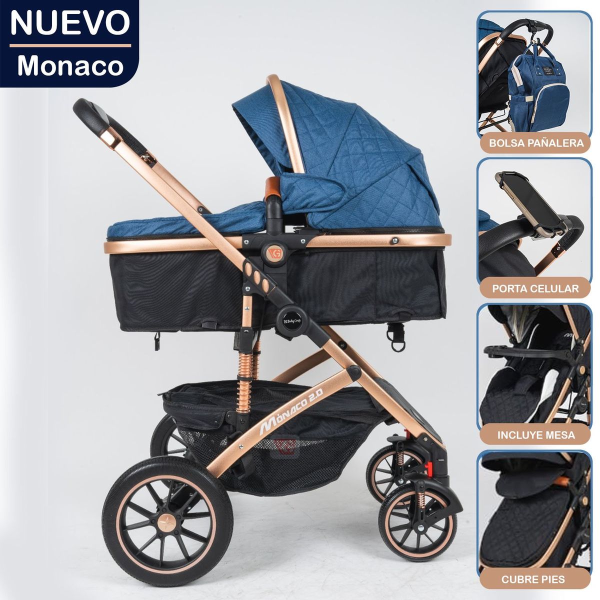 BABY HAPPY - Coche Cuna Moises Monaco Golden Azul