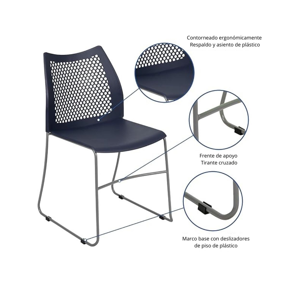 GENERICO - Juego de 5 sillas apilables con respaldar en azul marino