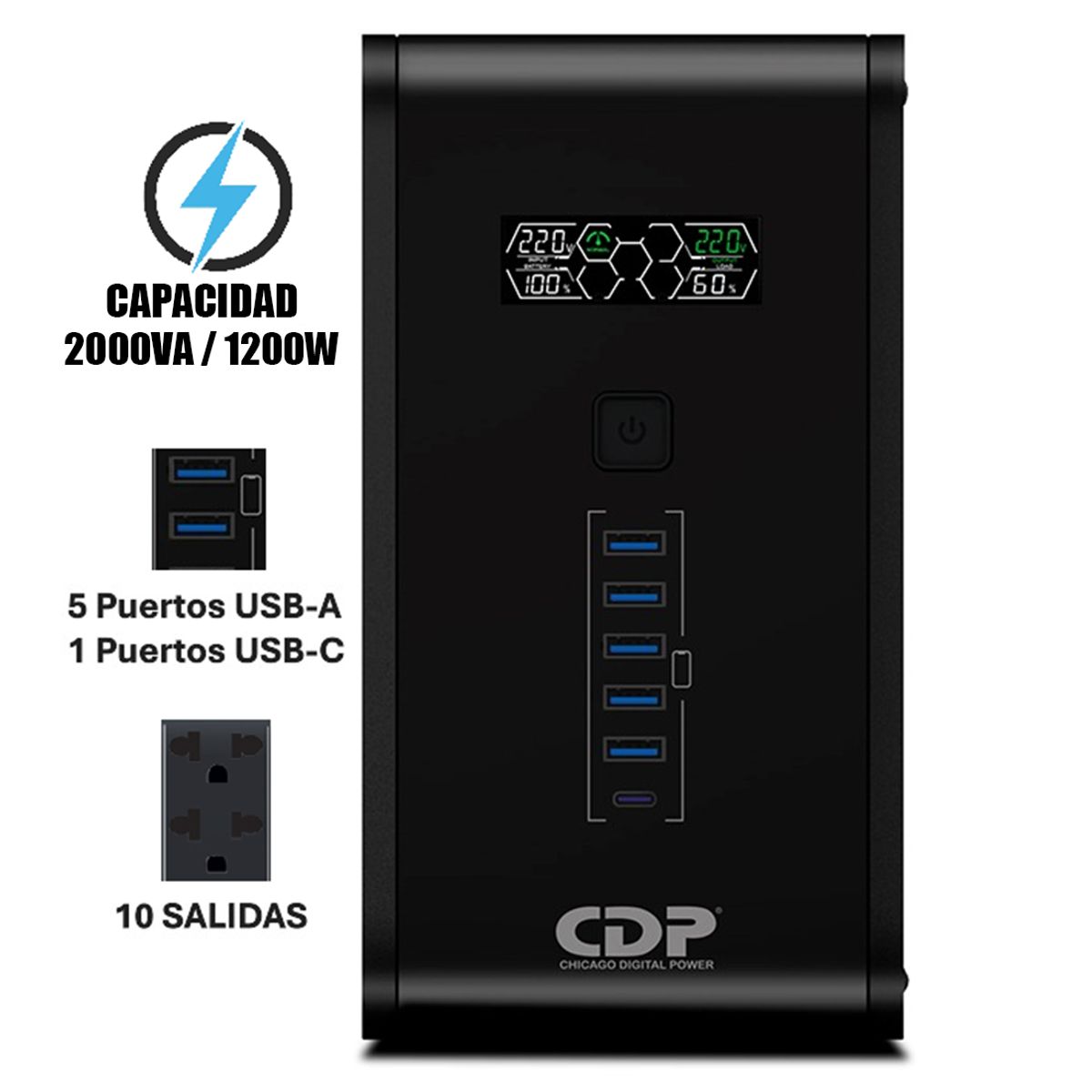 CDP - ESTABILIZADOR UPS CDP R-SMART 2010I 2000VA  1200W  220V COLOR NEGRO