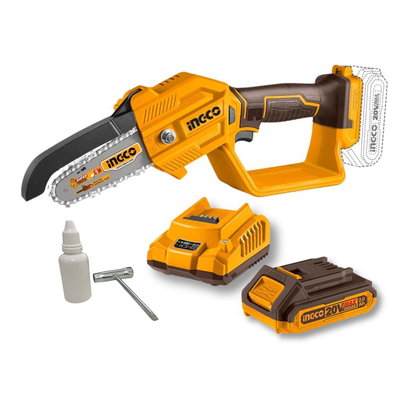 INGCO TOOLS - Mini motosierra 5 inalambrica + bateria 2ah y cargador Ingco